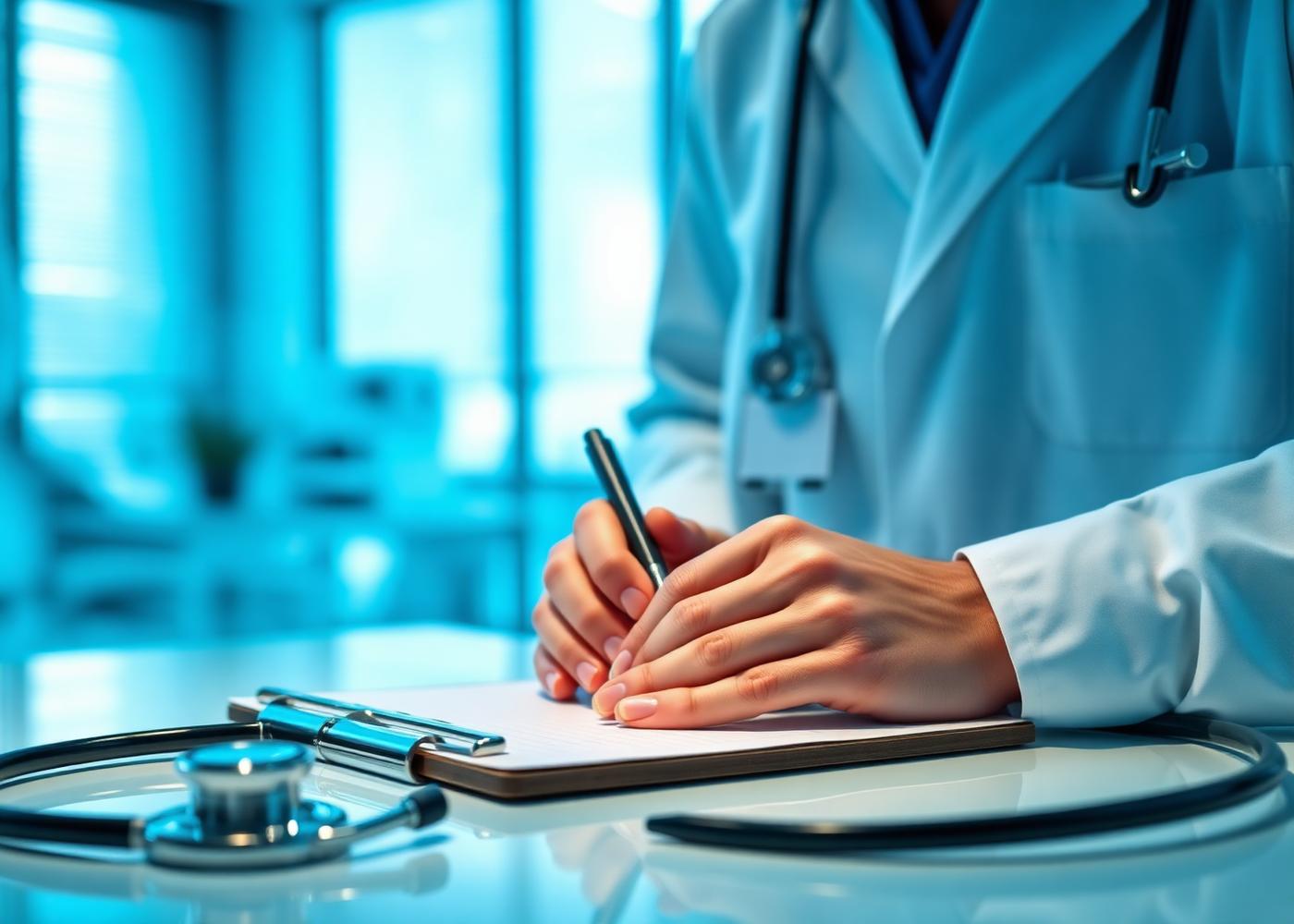 Profissional de saúde registrando exames em prancheta